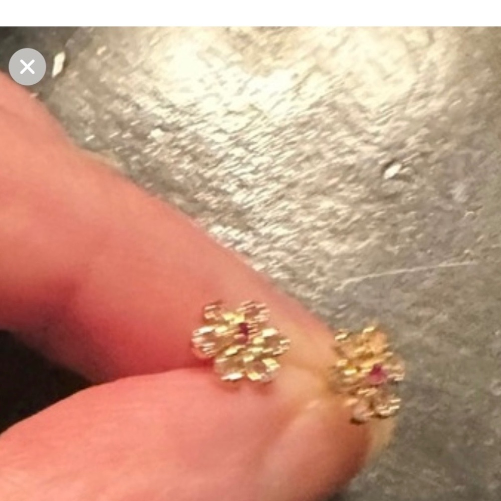 Gold Dark Pink Flower Stud Earrings